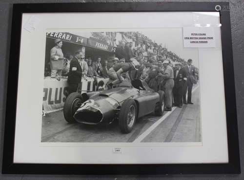 A group of five framed prints of motor racing interest, comprising a monochrome print of Peter