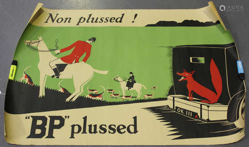 A BP colour printed advertising poster depicting a fox outwitting a hunt, inscribed 'Non plussed! BP