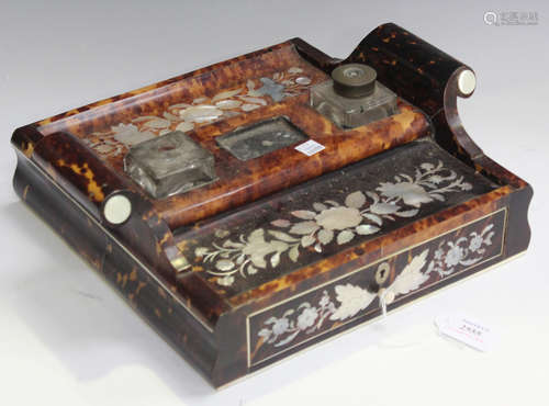 A Victorian tortoiseshell and engraved mother-of-pearl desk standish, the rectangular body with