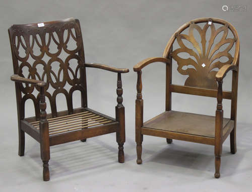 Two similar Art Deco stained beech armchairs, both with pierced backs, on turned legs, widths 57cm