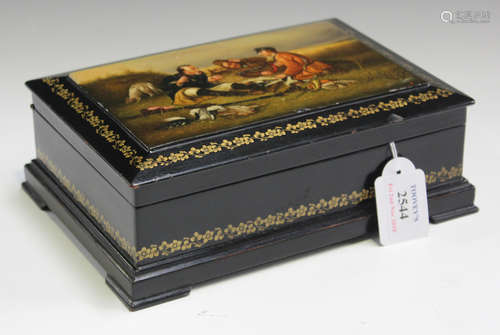 An early/mid-20th century Russian papier-mâché rectangular box, the lid finely painted with a