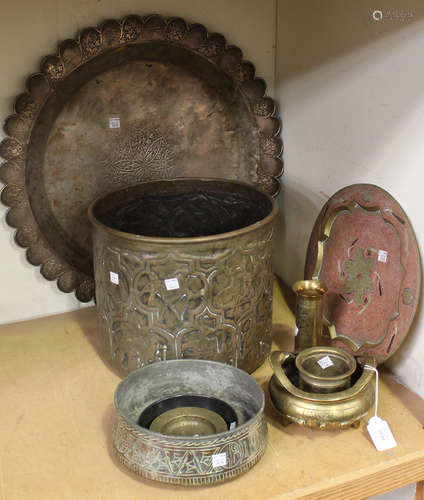 A group of Eastern metalware, including a 19th century plated brass tray, a Chinese brass censor and