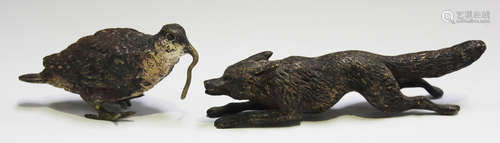 A late 19th century Viennese cold painted bronze model of a quail with a worm in its mouth, length