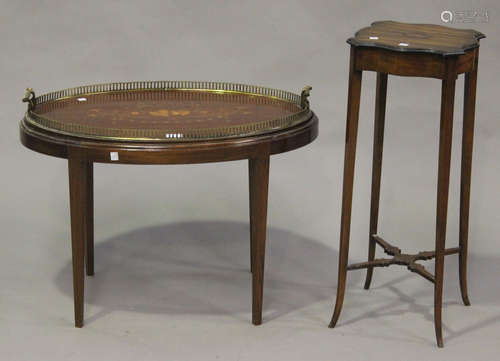 An Edwardian mahogany and inlaid oval tea tray, raised on a later stand, height 53cm, width 71cm,