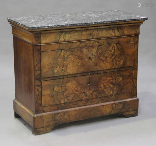 A 19th century French burr walnut commode, the grey marble top above three drawers, on bracket feet,