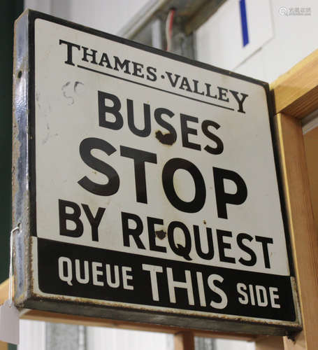 A 'Thames Valley' double-sided enamelled bus stop sign, printed in black and white, 38cm x 41cm,