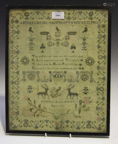 A George III needlework sampler by Sarah Allden, Aged 10, dated 1796, worked with a central verse