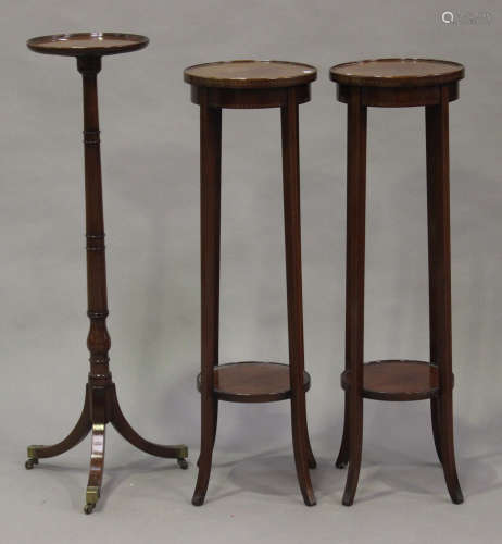 A pair of Edwardian mahogany and chequer inlaid two-tier jardinière stands, height 100cm, together