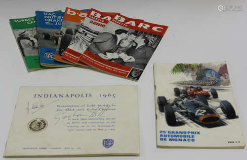 A group of motoring publications, including an Indianapolis 1965 brochure for the presentation of