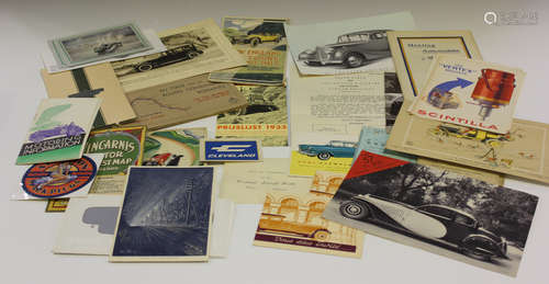 A collection of motoring ephemera, including 'The Motor Car' by Valentine & Sons Ltd, letterheads,