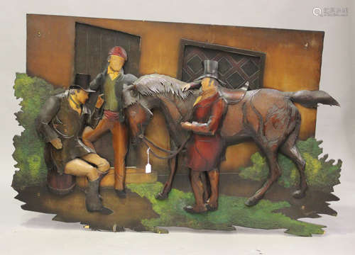 A group of four 20th century decorative hunting themed wall panels, each shaped wooden board applied