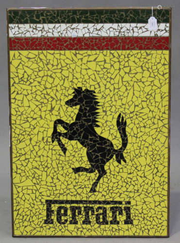 A late 20th century rectangular mosaic panel of the Ferrari crest by 'Motoring Mosaics', 92cm x