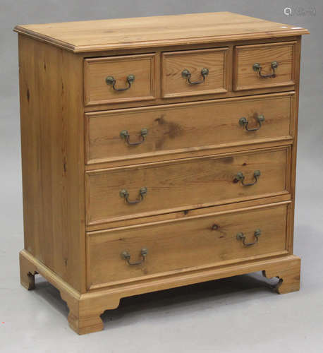 A modern pine chest of three short and three long drawers, on bracket feet, height 99cm, width 92cm,