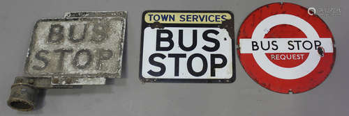 A cast aluminium double-sided 'Bus Stop' sign, together with two enamelled 'Bus Stop' signs.Buyer’