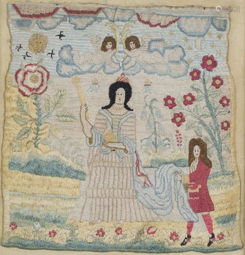 A Queen Anne needlework panel, depicting the queen and attendant standing in a garden setting