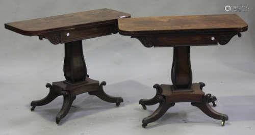 A pair of Regency rosewood fold-over card tables with carved and beaded friezes, raised on beaded
