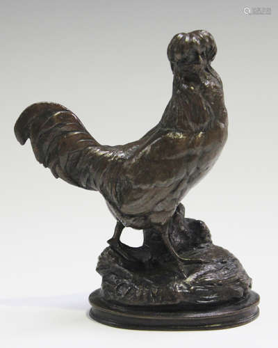 Auguste Cain - a late 19th century French brown patinated cast bronze model of a cockerel, the