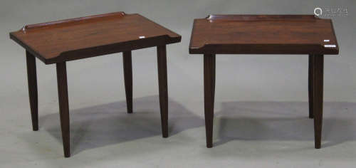 A pair of mid-20th century Danish stained teak tables in the manner of Finn Juhl, on turned legs,