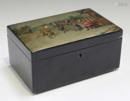 A late 19th/early 20th century Russian papier-mâché rectangular box, the hinged lid painted with