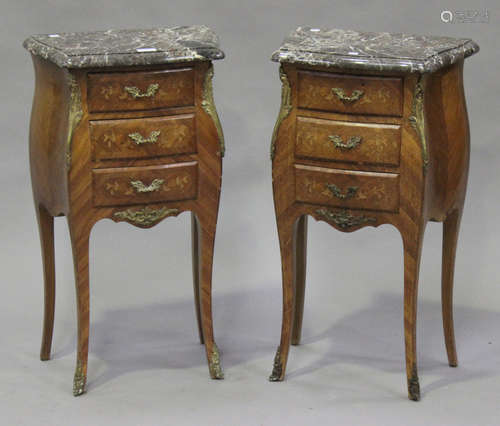 A pair of 20th century French Louis XV style kingwood and inlaid bedside chests, each with a grey