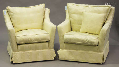 Two similar modern armchairs, upholstered in foliate patterned cream damask, height 86cm, width