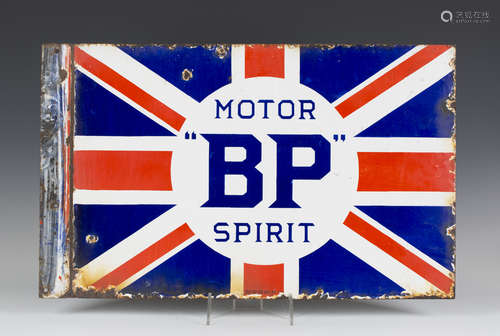 A 'Motor BP Spirit' double-sided enamelled sign, printed with the Union Flag and inscribed '