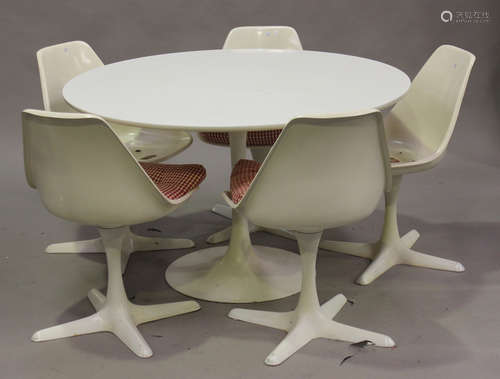 A mid-20th century white formica and coated metal tulip table and five matching chairs, made by