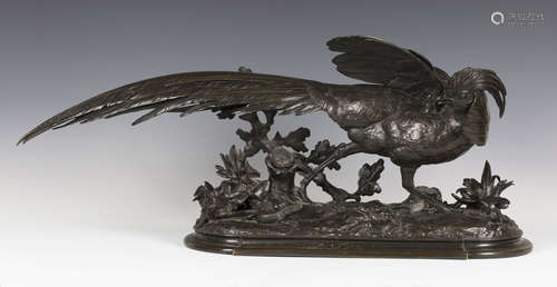 Jules Moigniez - a late 19th century French brown patinated cast bronze model of a pheasant startled