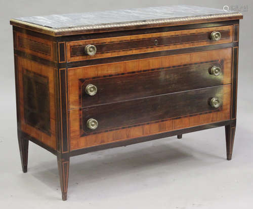 A pair of late 18th/early 19th century Italian mahogany and walnut banded commodes, the inset veined