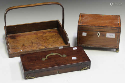 A George III mahogany tea caddy with crossbanded borders and brass ball feet, width 19.5cm, together