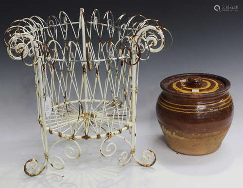 A 20th century white painted wirework plant stand, height 41cm, together with a brown glazed