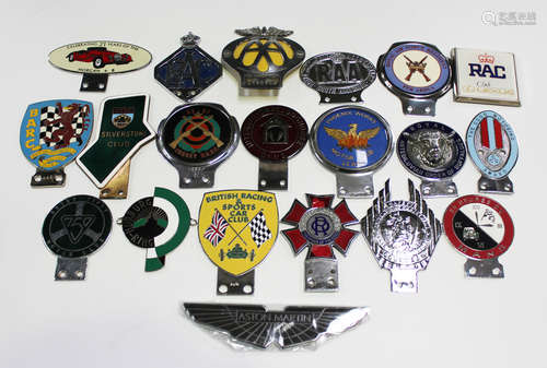 A group of twenty assorted car badges, including BRDC Silverstone Club by Marples, Nürburg-ring,