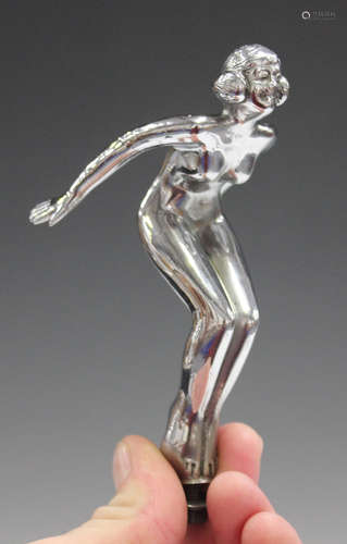 A cast metal chromium plated car mascot in the form of a nude maiden in a diving pose, height 12cm.