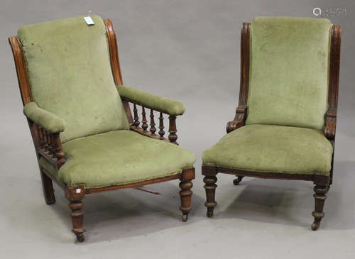 A near pair of late Victorian lady's and gentleman's salon chairs, upholstered in green velour, on