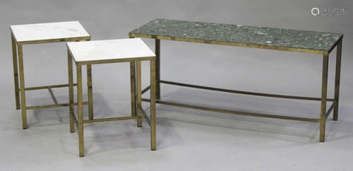 A pair of mid-20th century white marble and brass square occasional tables, height 49cm, width 39cm,