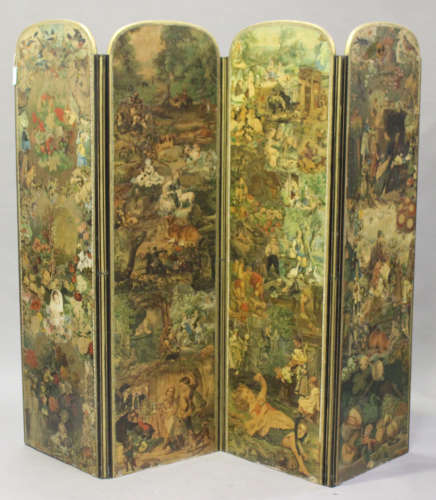 A good Victorian double-sided four-fold découpage draught screen, covered in figural scraps with