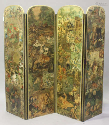 A good Victorian double-sided four-fold découpage draught screen, covered in figural scraps with