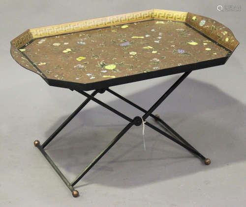 A late 20th century Regency style tole painted tray-top coffee table, the canted rectangular top