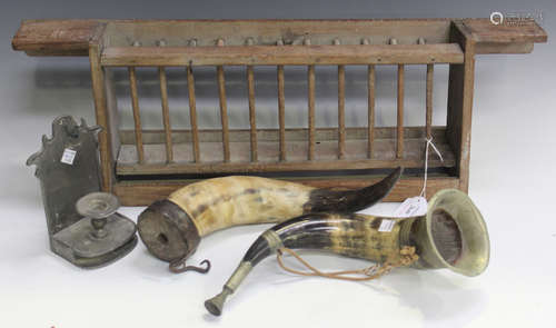 An early 20th century Continental hardwood plate rack, width 69cm, together with a pewter wall