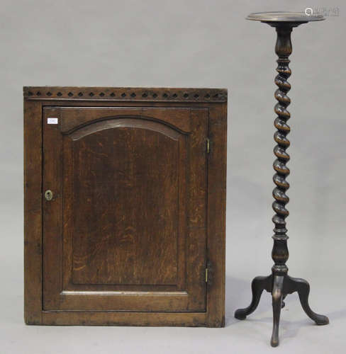 An 18th century oak hanging corner cabinet, height 94cm, width 79cm, together with an early 20th