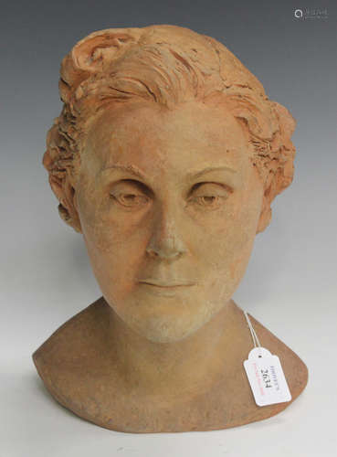 Willi Soukop - a mid-20th century terracotta portrait bust of a lady with short curly hair, the