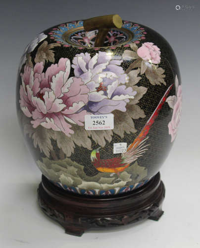 A late 20th century Chinese cloisonné ginger jar in the form of an apple, decorated with birds and