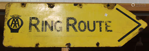 An AA 'Ring Route' enamelled direction sign, the reverse inscribed 'Franco SWI', 30.5cm x 95cm.