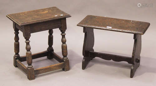 A 20th century oak joint stool, width 46cm, and another oak stool, width 55cm.Buyer’s Premium 29.