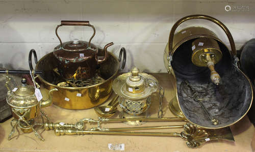 A collection of mainly 19th century brassware, including a preserve pan, a coal scuttle and