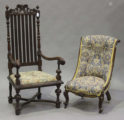 A 20th century Carolean Revival oak armchair, height 133cm, width 66cm, together with a Victorian