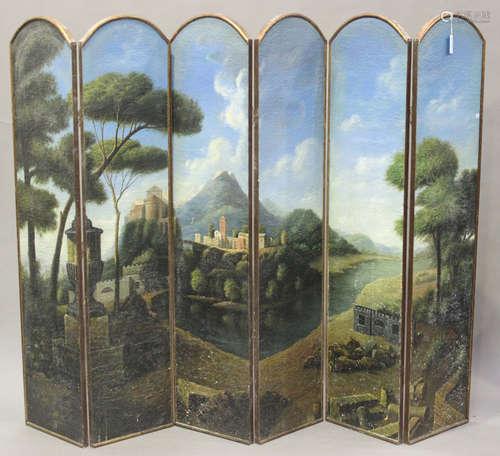 A 20th century Continental gilt framed six-fold screen, decorated with a painted mountain