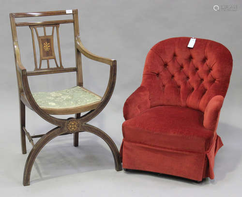 An Edwardian mahogany and inlaid armchair, width 56cm, together with a Victorian nursing chair,