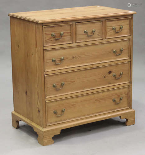 A modern pine chest of three short and three long drawers, on bracket feet, height 99cm, width 92cm,