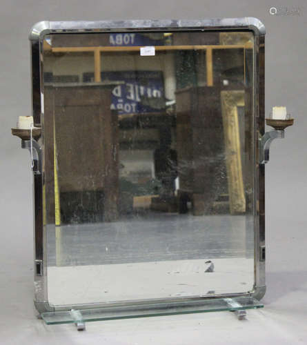 An Art Deco chromium plated bathroom wall mirror, the bevelled glass above a shelf, height 80cm,